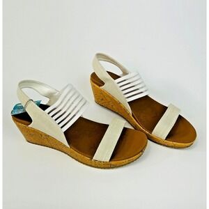 NWT Skechers Womens Cork Wedge Sandals Size 10 Foam Platform Cream Beach